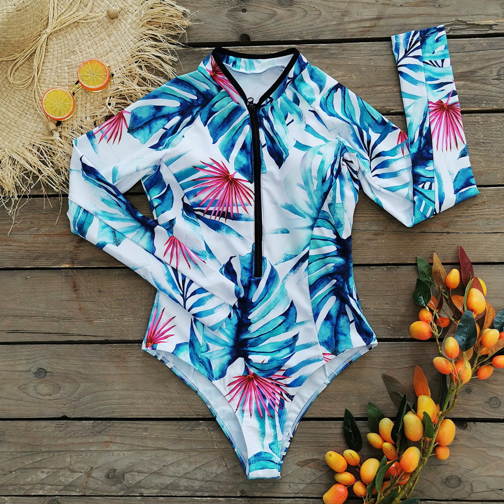 Women's High Waist Long Sleeve Surfing One Piece Swimsuit