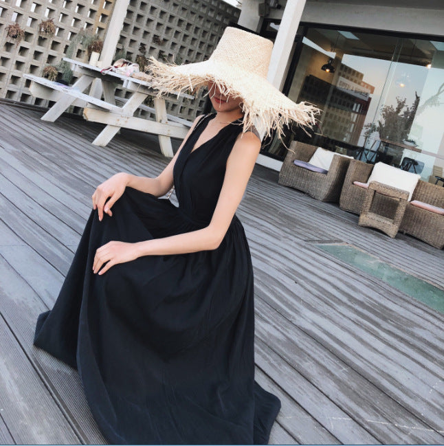 Strap V-neck Dress Black Sexy Backless Beach Dress