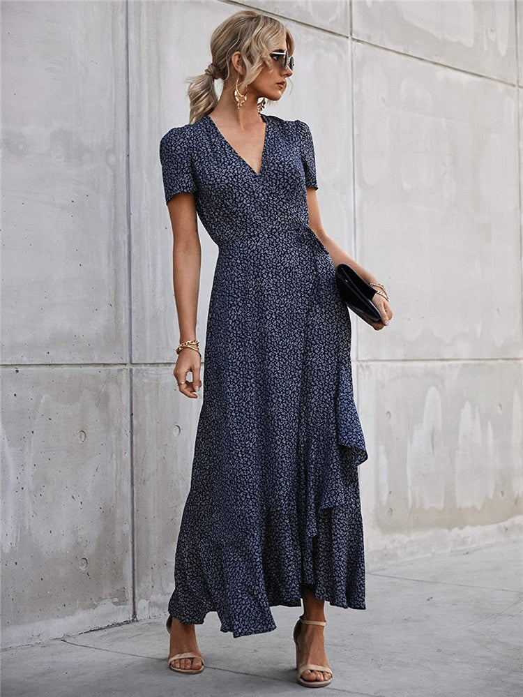 V-Neck Short Sleeve Pleated Hem Beach Maxi Dress