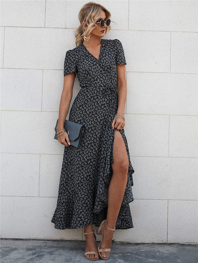 V-Neck Short Sleeve Pleated Hem Beach Maxi Dress