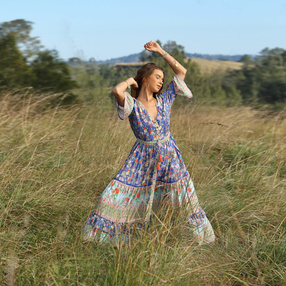 Beach Resort Style Pleated Print Dress