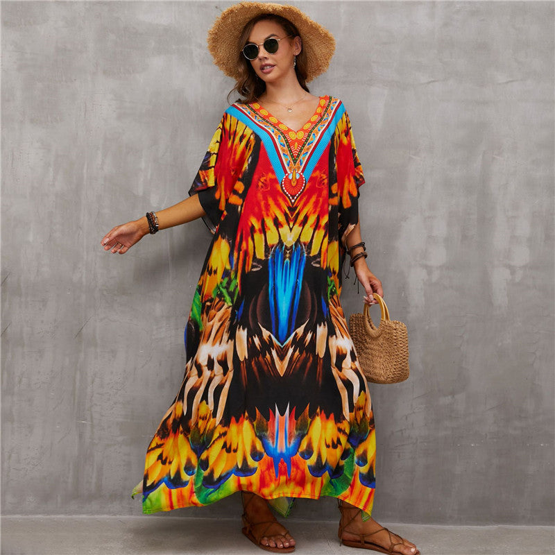 Fashion Printed Beach Blouse V Neck Gown