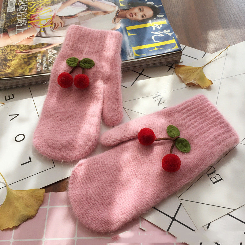 Cherry Rabbit Hair Double-layer Warm Mittens