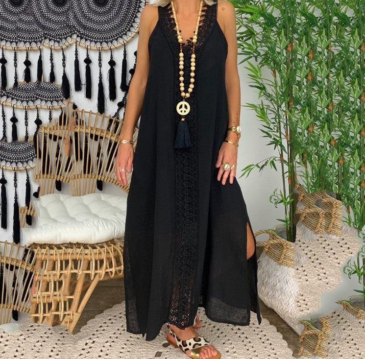 Lace Stitching Long Sleeveless Slit Beach Dress