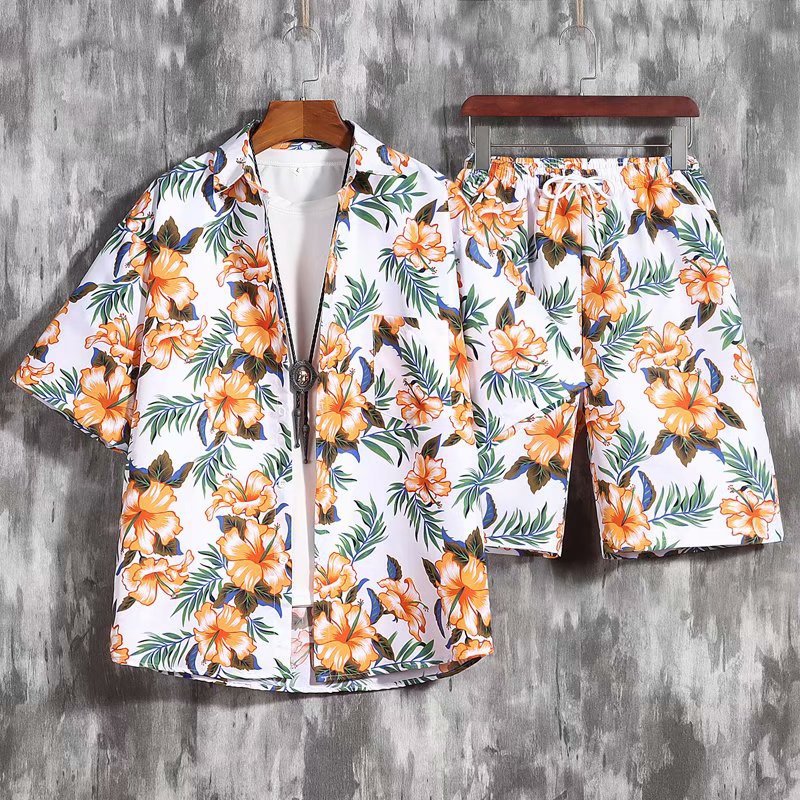 Beach Flower Short Sleeved Men's Shirt And Shorts Two Piece Suit