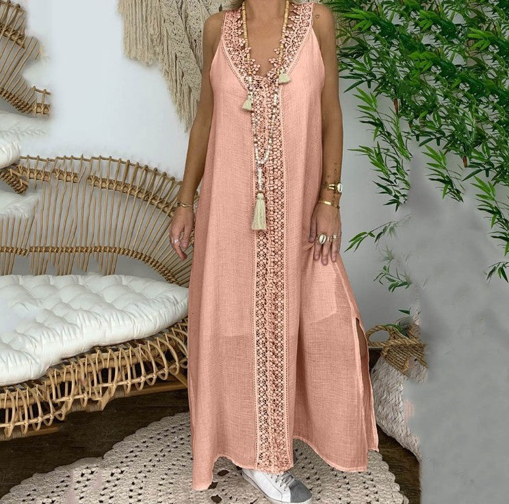 Lace Stitching Long Sleeveless Slit Beach Dress