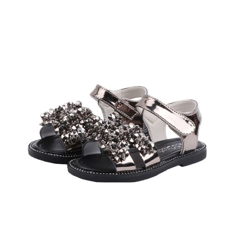 Girls Sandals Rhinestone Princess Sandals Girls Bright Leather Toe Beach Shoes