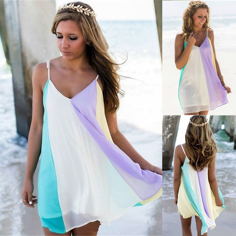 Chiffon Rainbow Sling Dress Beach Dress