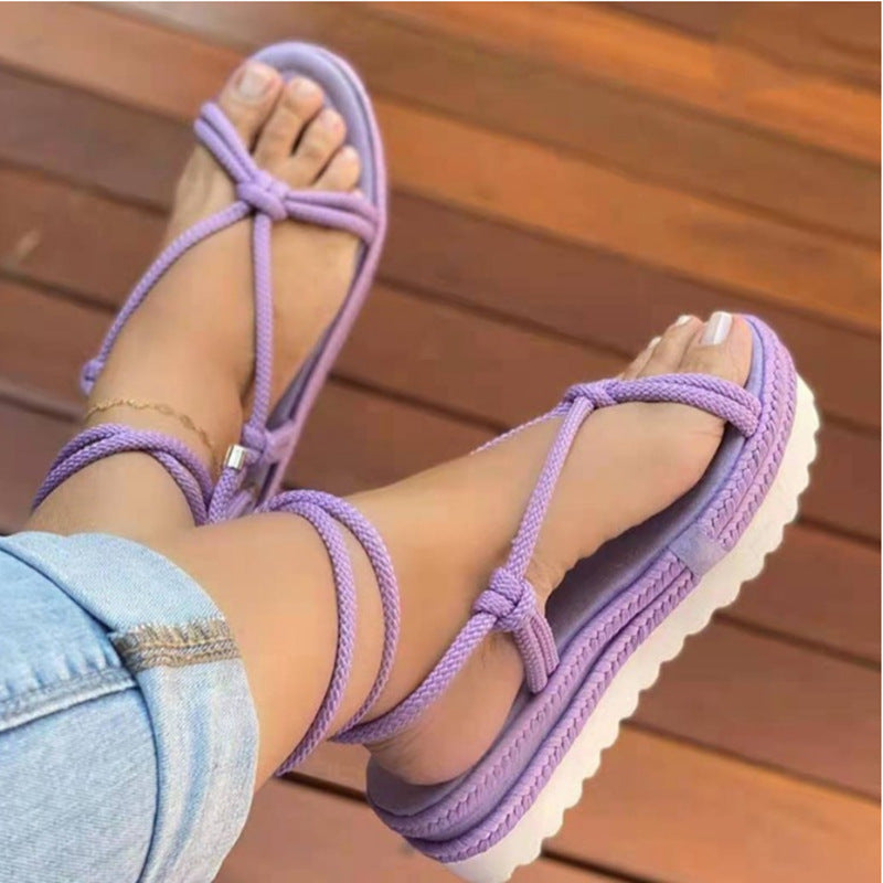 Lace-up Braided Hemp Strap Platform Beach Sandals