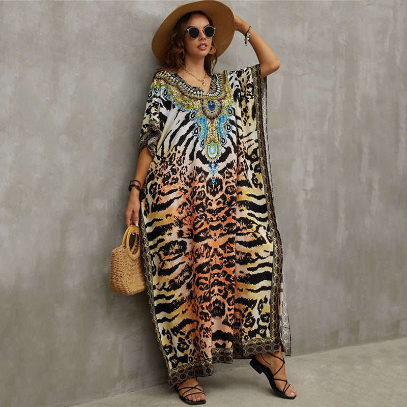 Fashion Printed Beach Blouse V Neck Gown