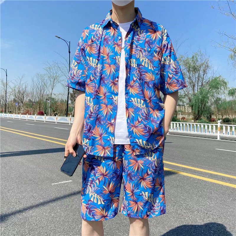 Beach Flower Short Sleeved Men's Shirt And Shorts Two Piece Suit