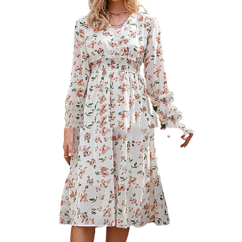 Women's Printed Long Sleeve Beach Dress Fashion