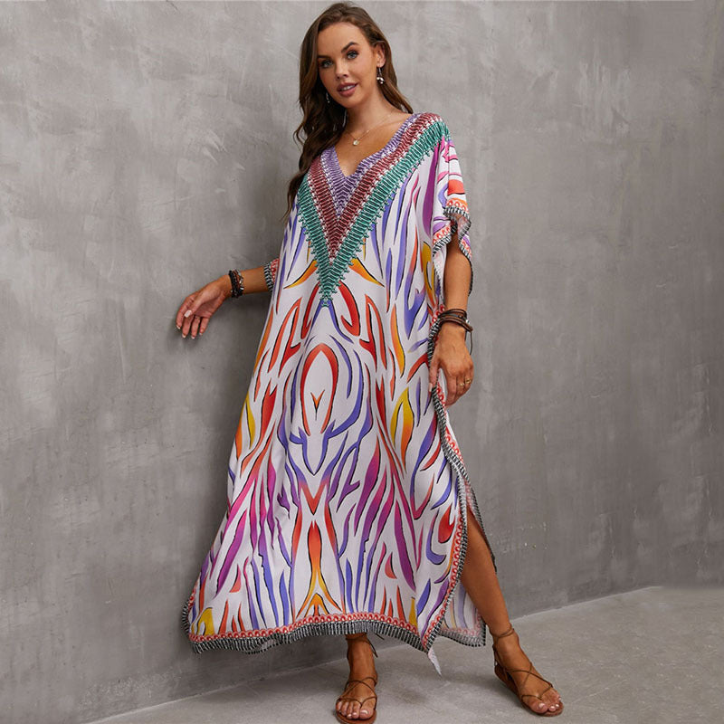 Fashion Printed Beach Blouse V Neck Gown