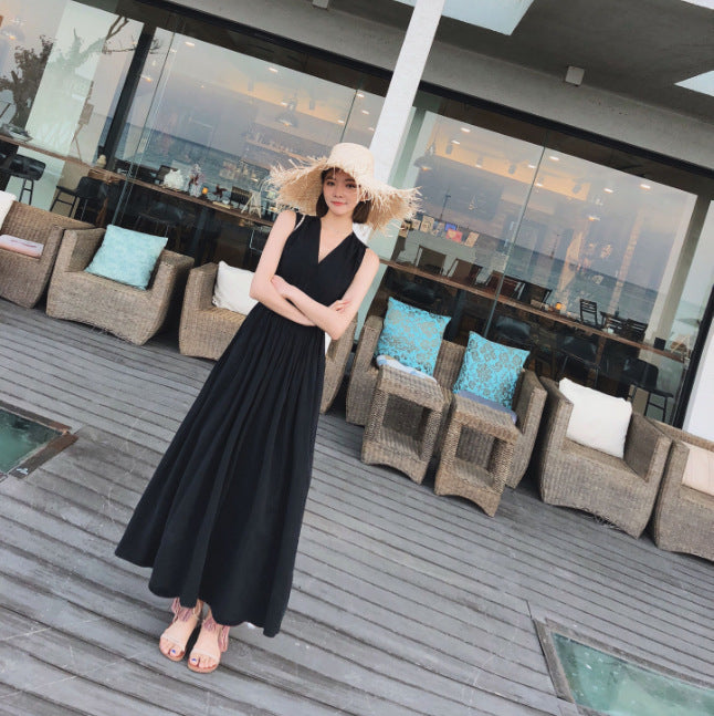 Strap V-neck Dress Black Sexy Backless Beach Dress