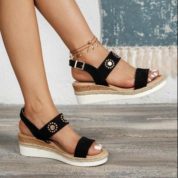 Sandals Plus Size Hemp Rope Buckle Wedge Beach