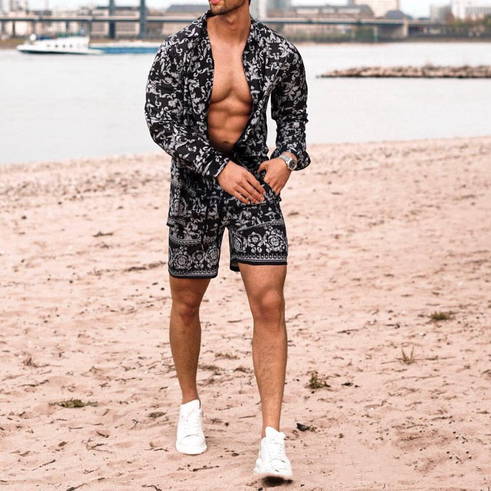 Long Sleeve Shirt Shorts Beach Casual Suit