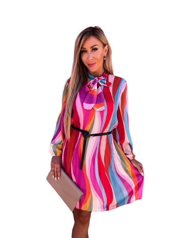 Women's Long Sleeve V-Neck Printed Beach Dress