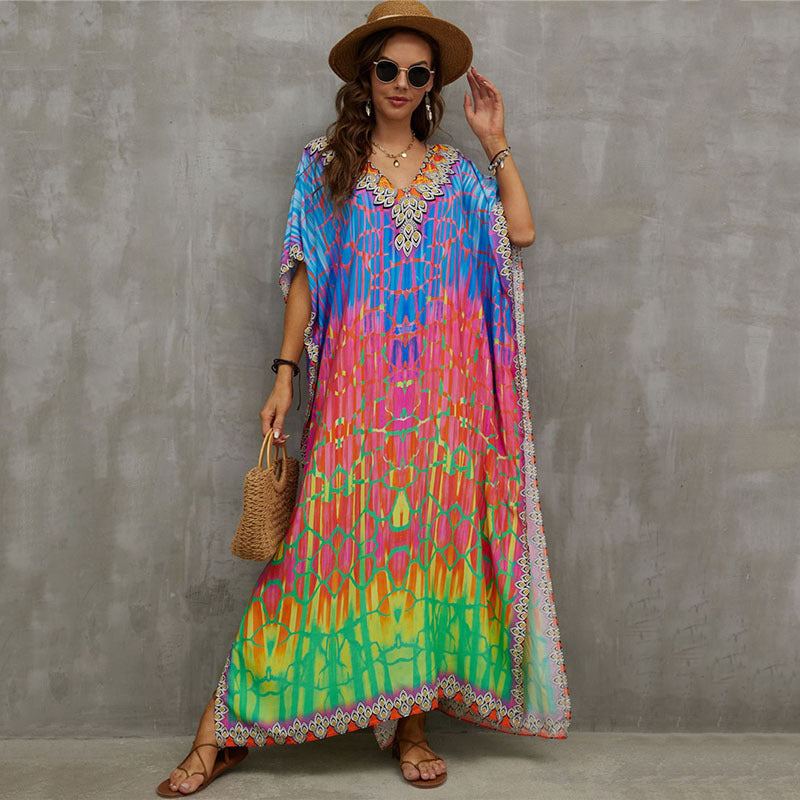 Fashion Printed Beach Blouse V Neck Gown