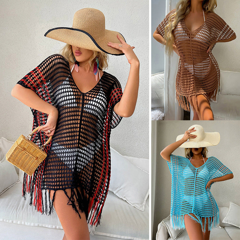 Contrasting Pullover V-Neck Fringed Bikini Beach Blouse