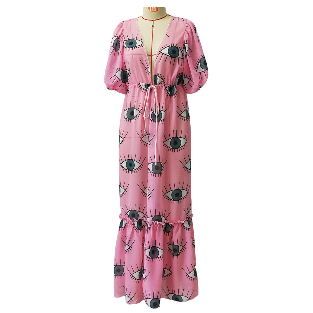 Chiffon Beach Blouse Cardigan Print Maxi Dress