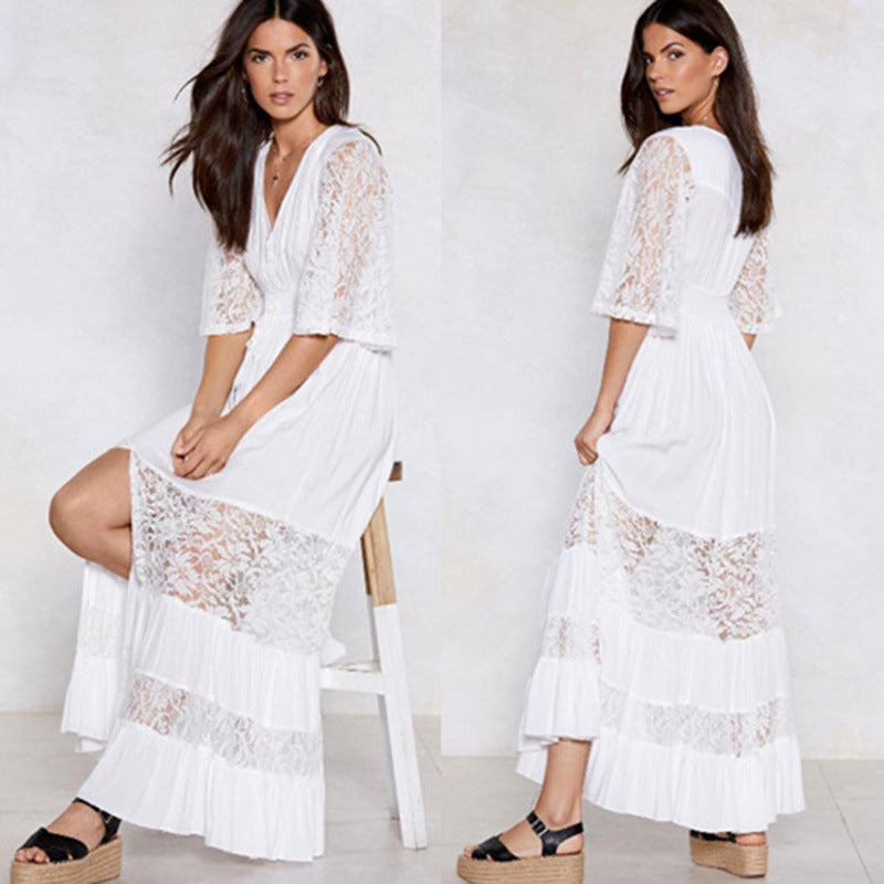 Ladies Cotton And Lace V-neck Beach Dress