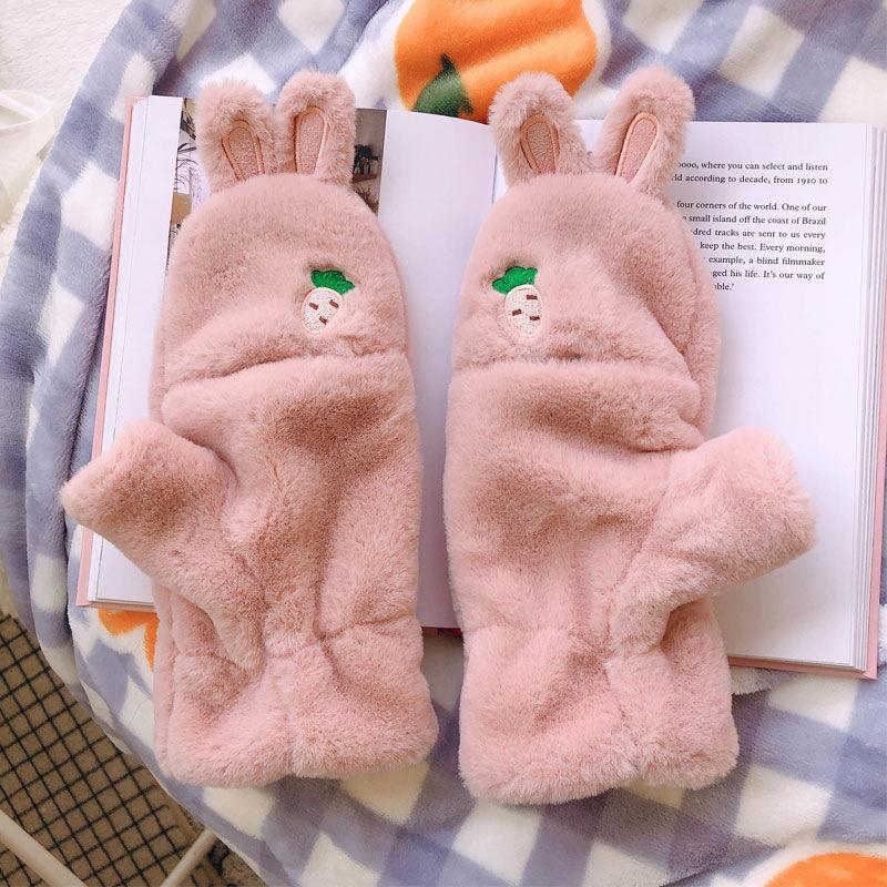 Winter Female Lovely Korean Version Writing Dew Finger Warm And Thick Velvet Gloves