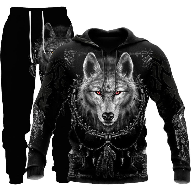 3D Wolf Print Tracksuit Men Sportswear Hooded Sweatsuit Two Piece Outdoors Running Fitness Men Jogging Set