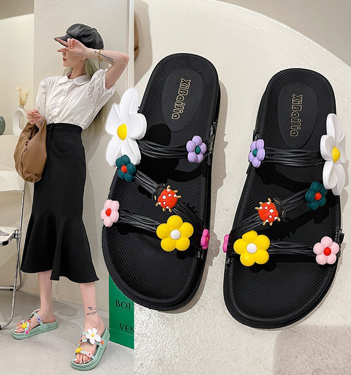 Beach Sandals And Slippers With Flowers On Beach Shoes